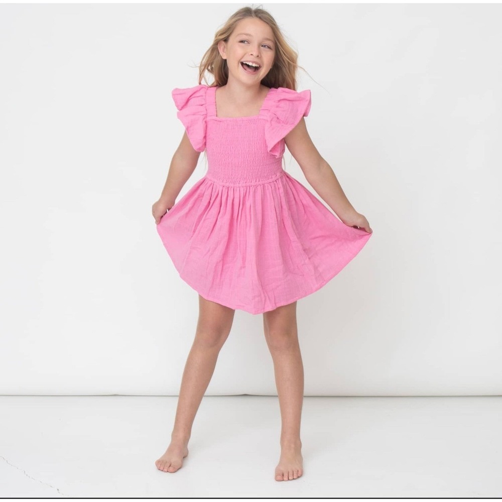 Shade Critters Pink Smocked Cotton Flutter Sleeve Dress – Girl's XL (14)‎